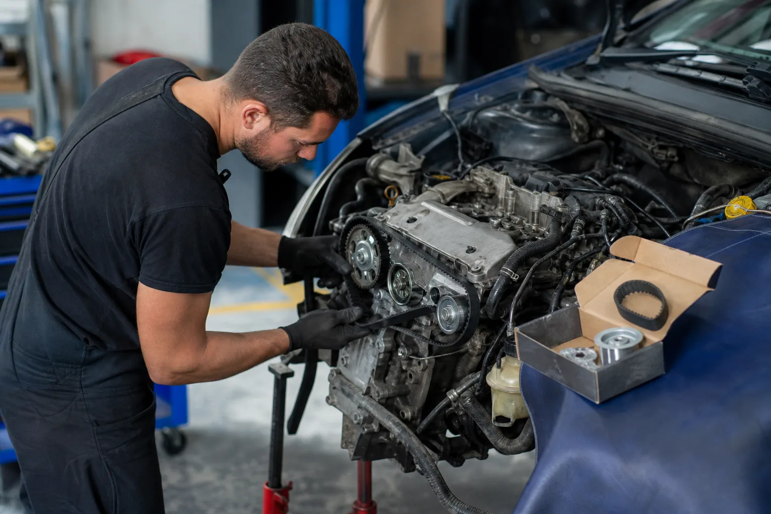 Mechanik zakłada nowy pasek rozrządu i pompę wody w małym dieslu