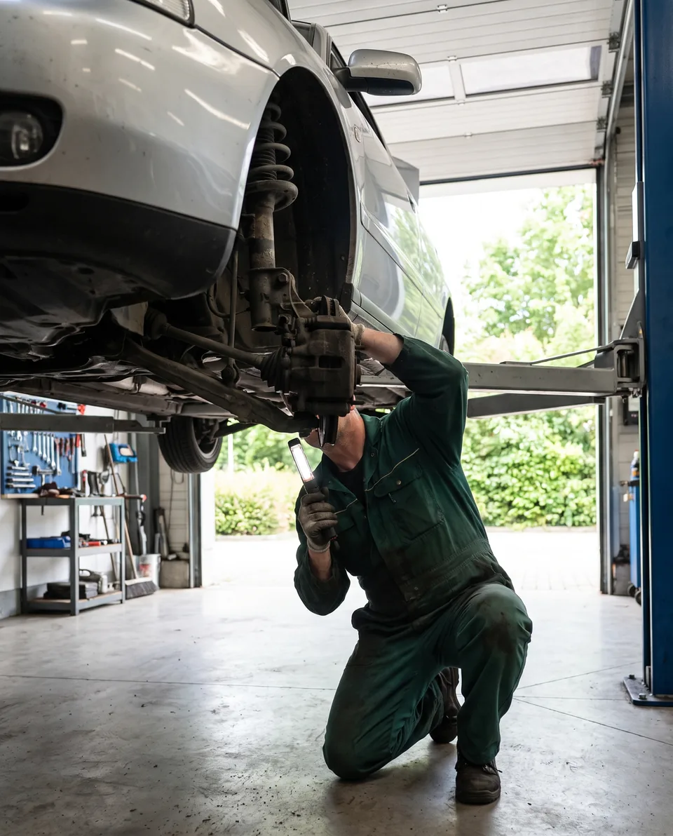 Mechanik sprawdza zawieszenie auta na podnośniku