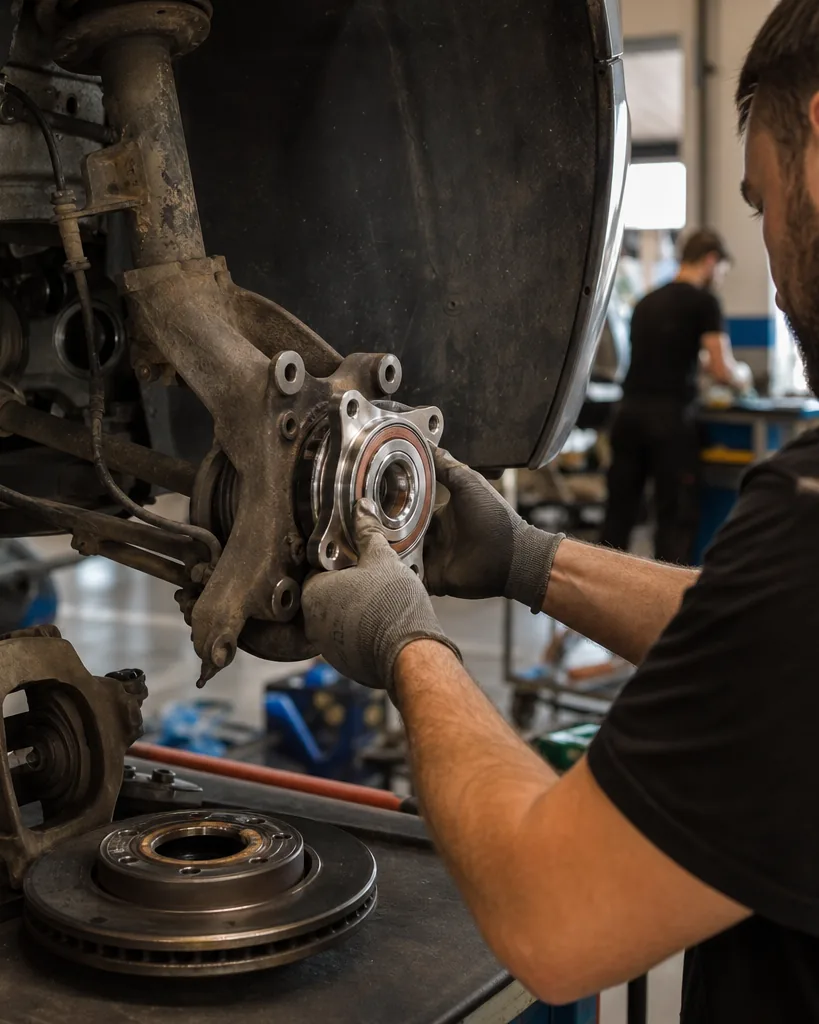 Mechanik montuje nową piastę z łożyskiem na zwrotnicy podniesionego auta