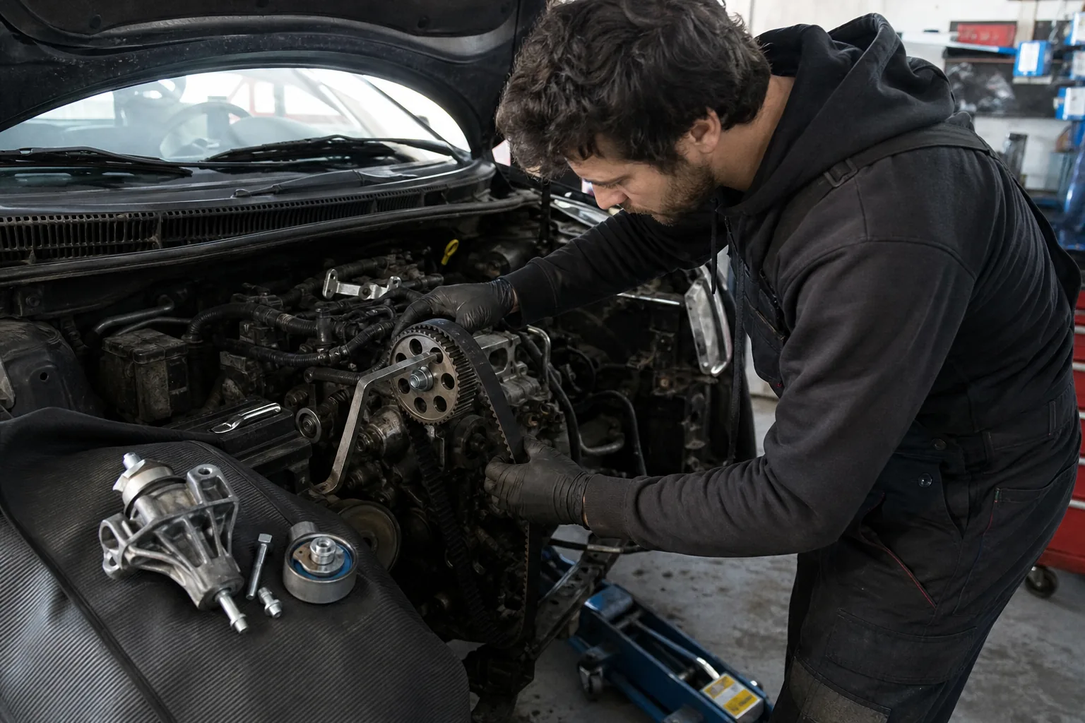 Mechanik ustawia nowy pasek rozrządu na kole wałka w dieslu z blokadami rozrządu