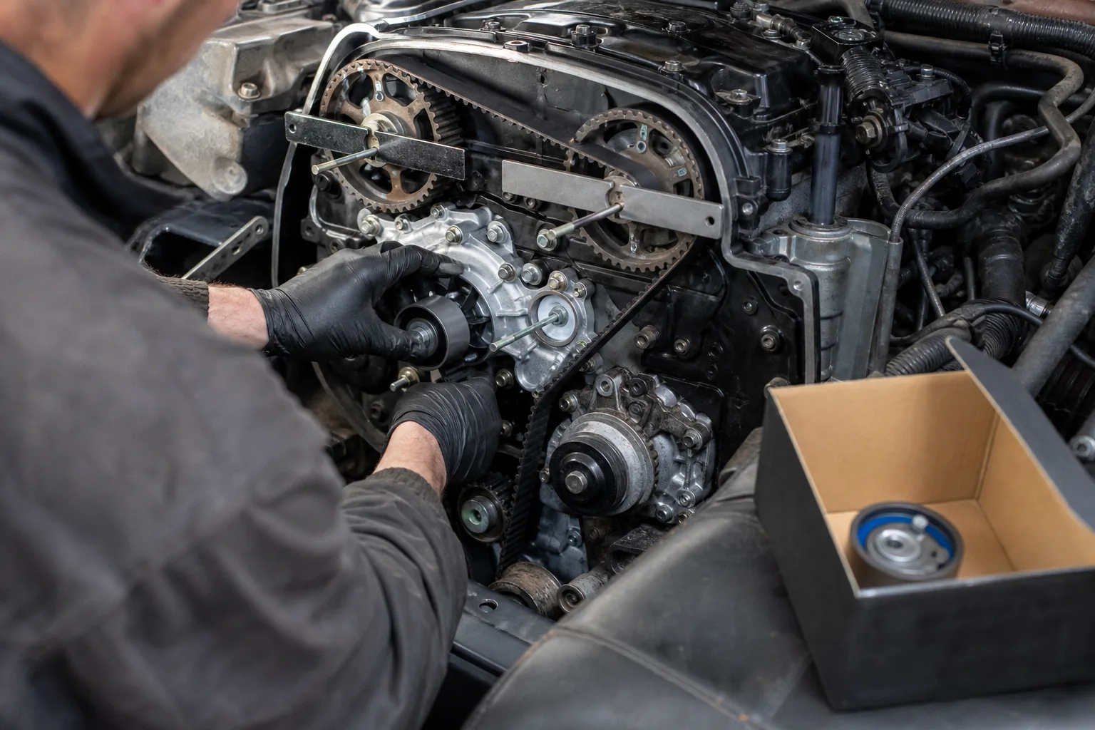 Mechanik zakłada nowy pasek rozrządu z napinaczem i pompą wody w silniku diesla