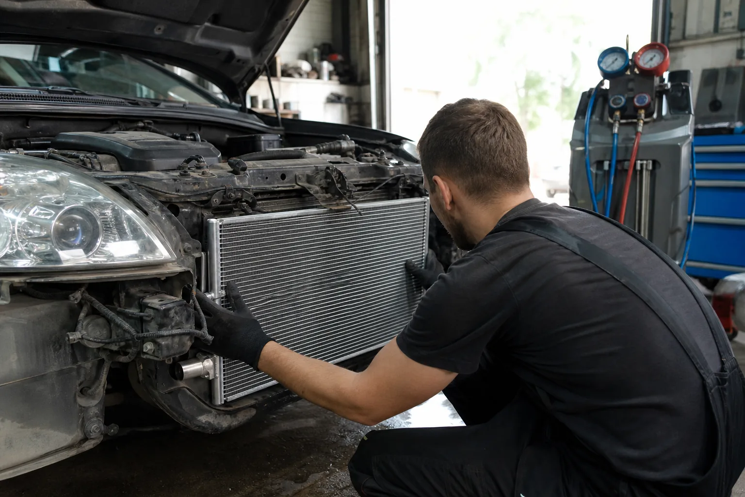 Mechanik montuje nowy skraplacz klimatyzacji przed chłodnicą auta ze zdjętym zderzakiem