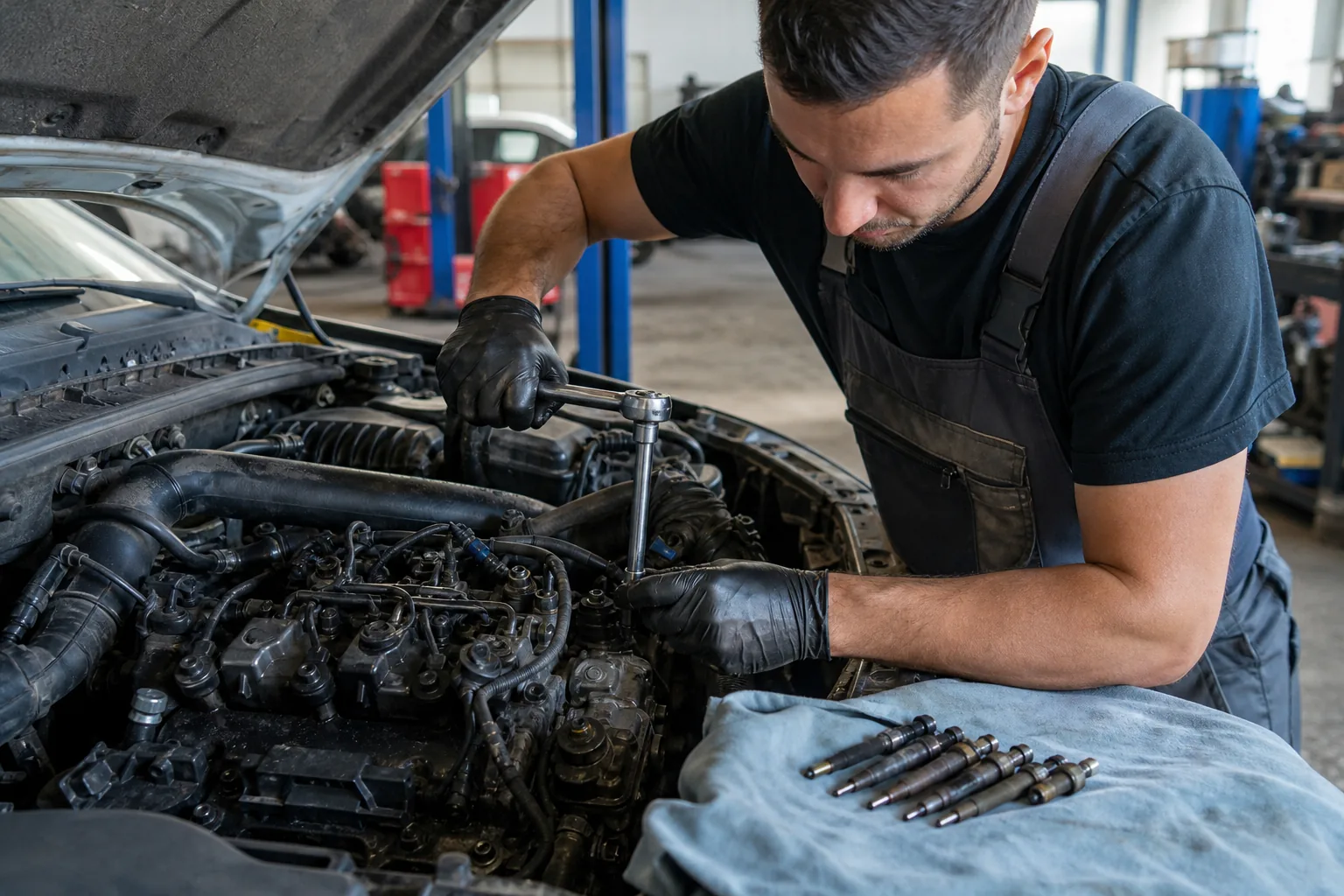 Mechanik wykręca świecę żarową z głowicy silnika diesla