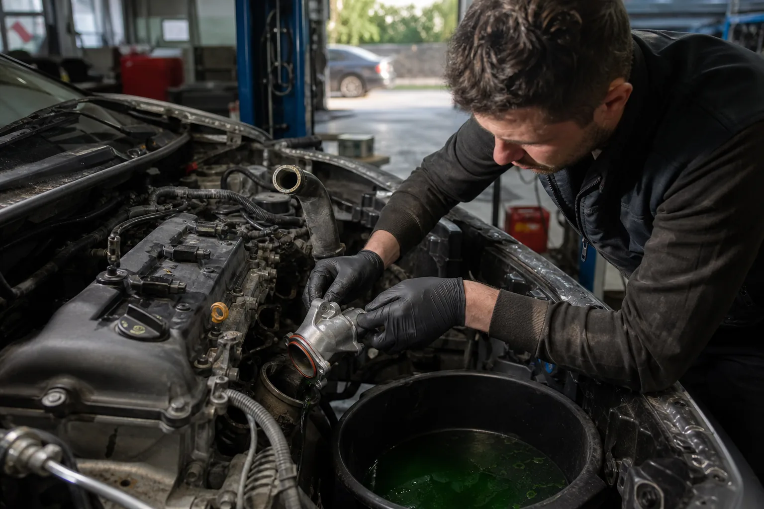 Mechanik zakłada nową obudowę termostatu na silniku z odkręconym wężem chłodnicy